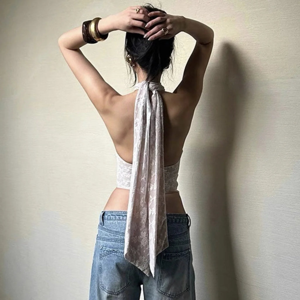 Lace Halter Backless Crop Top White Sleeveless Fishbone Camisole Summer Fashion Streetwear Casual Tank Tops For Women Slim Vests by Trenches of Mariana
