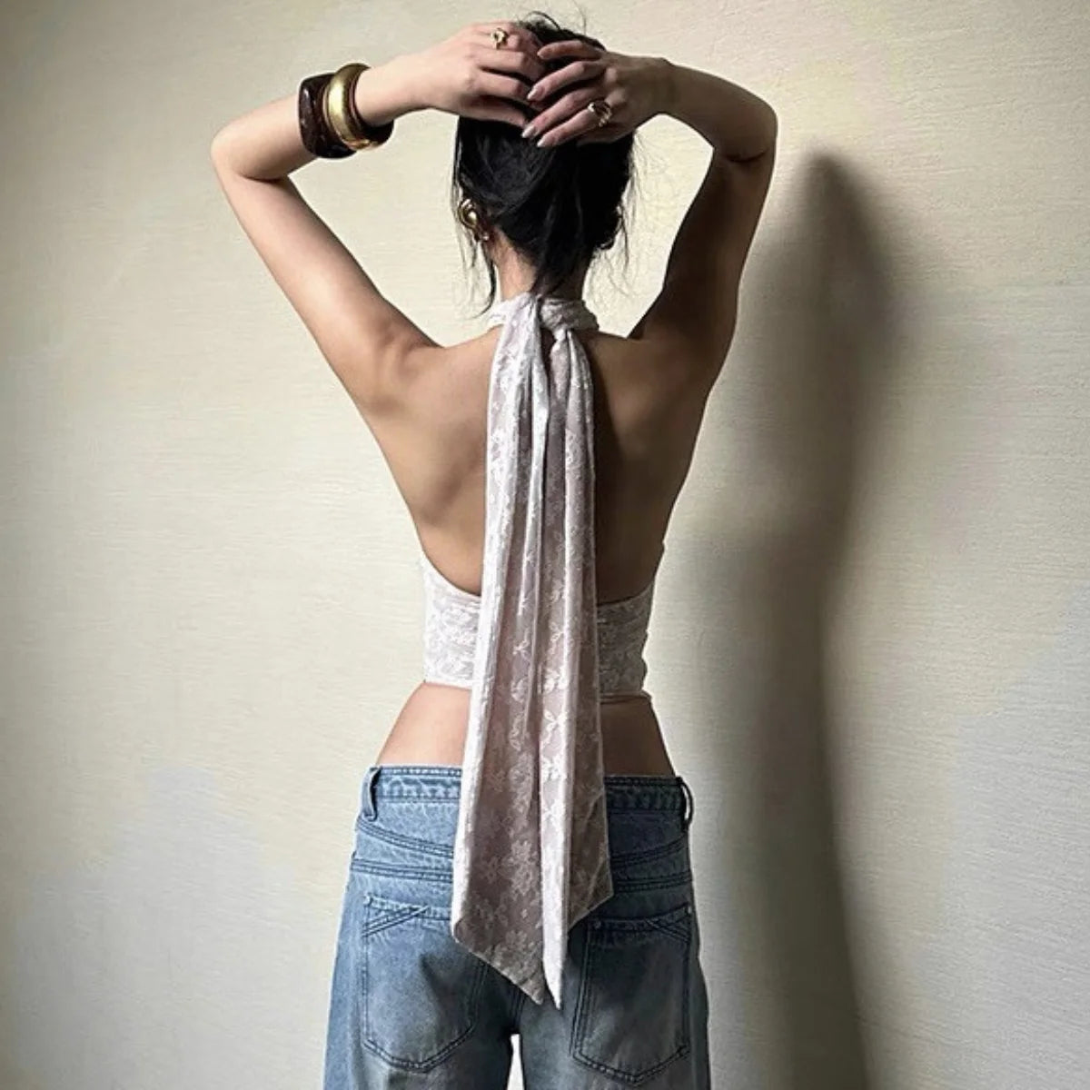 Lace Halter Backless Crop Top White Sleeveless Fishbone Camisole Summer Fashion Streetwear Casual Tank Tops For Women Slim Vests by Trenches of Mariana