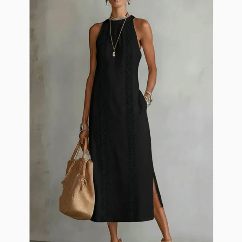 Elegant sleeveless lace slit dress from Trenches of Mariana, featuring a round neck, solid color, and A-line cotton-linen fabric.