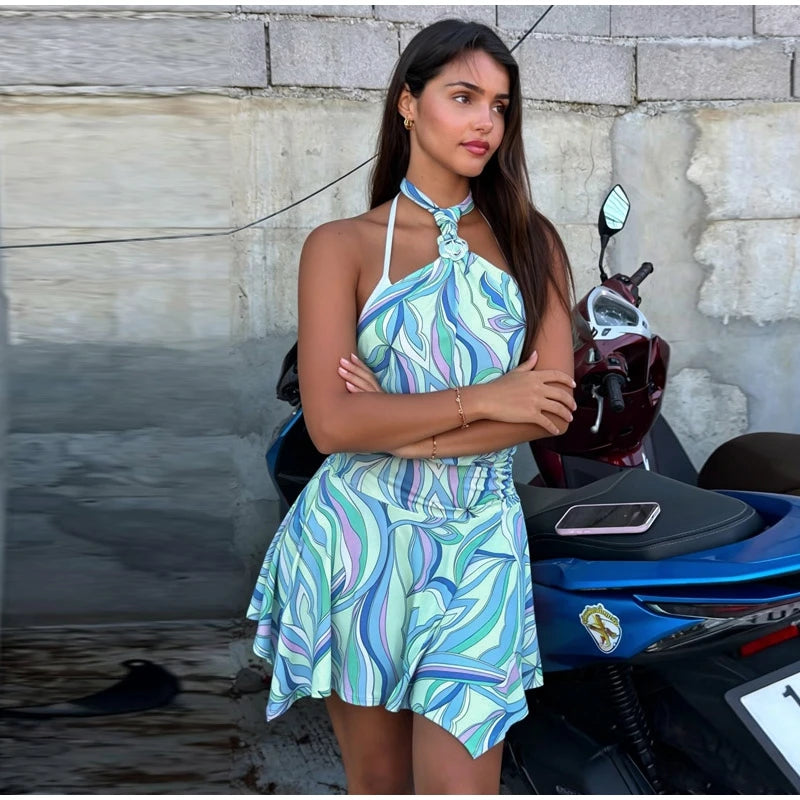 Swirl Print Women's Mini Dress Sexy Halter Neck Sleeveless Backless Ruffles Dresses Female 2026 Summer Fashion Beach Vestidos by Trenches of Mariana