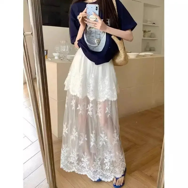 French retro lace skirt for women by Trenches of Mariana, 2026 summer elegant A-line skirt with mesh splicing.