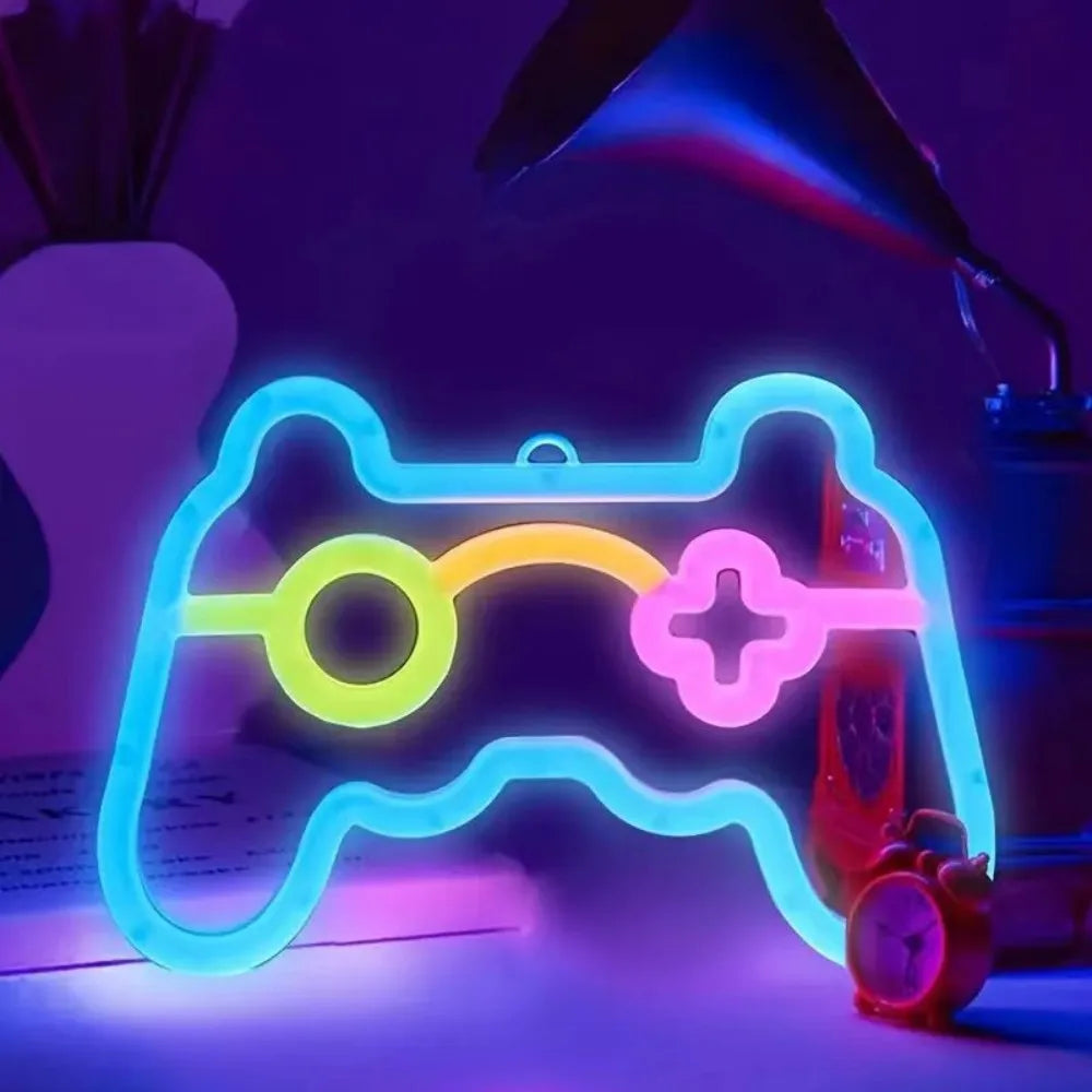 USB LED neon light shaped like a game console, branded Trenches of Mariana, glowing with colorful neon illumination.