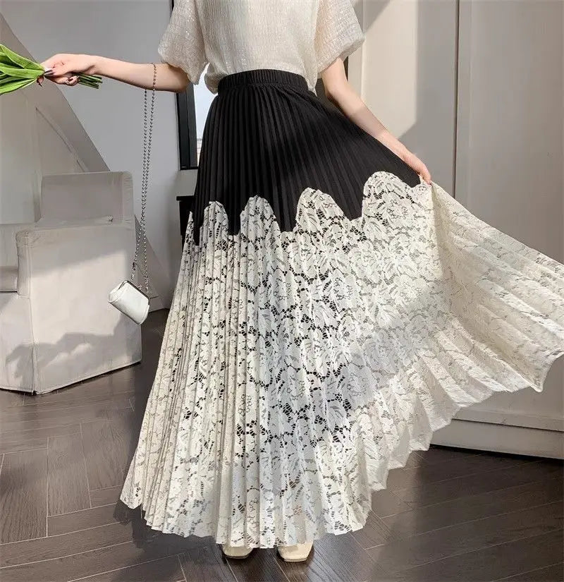 French lace stitching pleated skirt for women by Trenches of Mariana, high waist summer long cover-up skirt with elegant details.