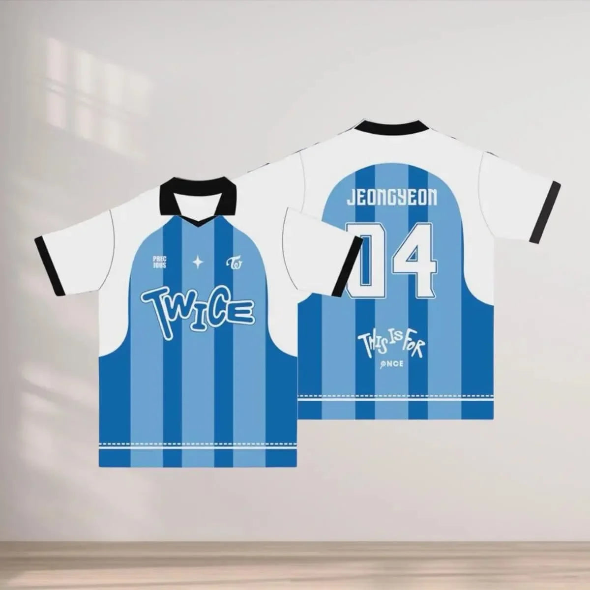 KPOP Sporty Soccer Jersey T-Shirt Blue White Stripe Graphic Print Short Sleeve Casual Streetwear Top for Fans Family Matching by Trenches of Mariana