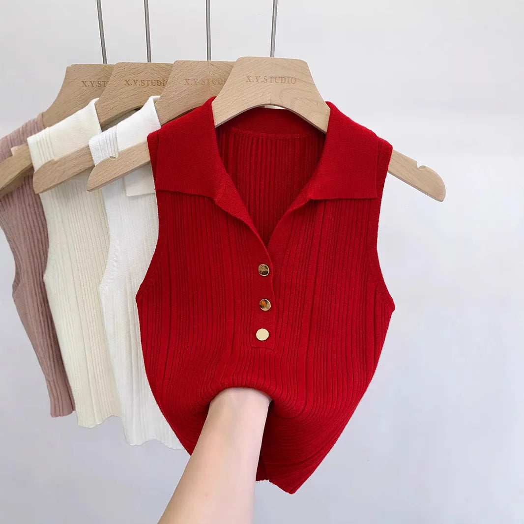 Summer Turn Down Collar Gold Button Slim Knitted Sweater Vests Elegant Knitwear Tank Tops BSTFSC-m1948 by Trenches of Mariana