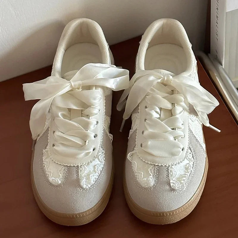 French Lace - Satin Ribbon Trainer Sneakers | Cream - Sweet Vintage Sporty Sneakers