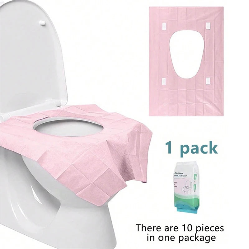 Set of 10 disposable waterproof toilet seat covers by Trenches of Mariana, portable paper mats for travel, hotel, and home bathroom use.