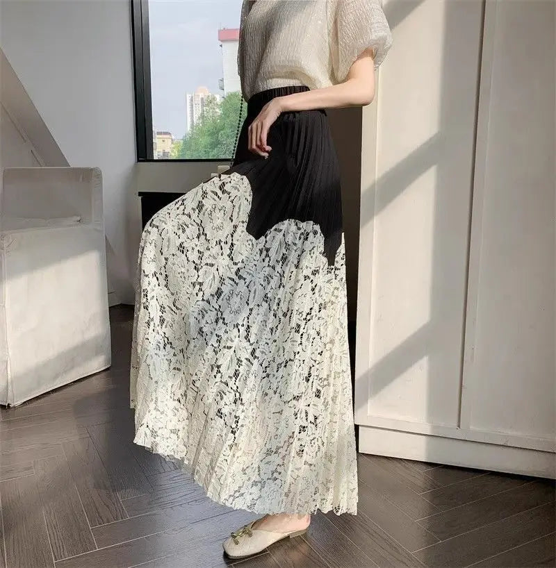 Women’s high waist French lace stitching pleated summer skirt by Trenches of Mariana, long cover-up skirt with pleats and lace details.
