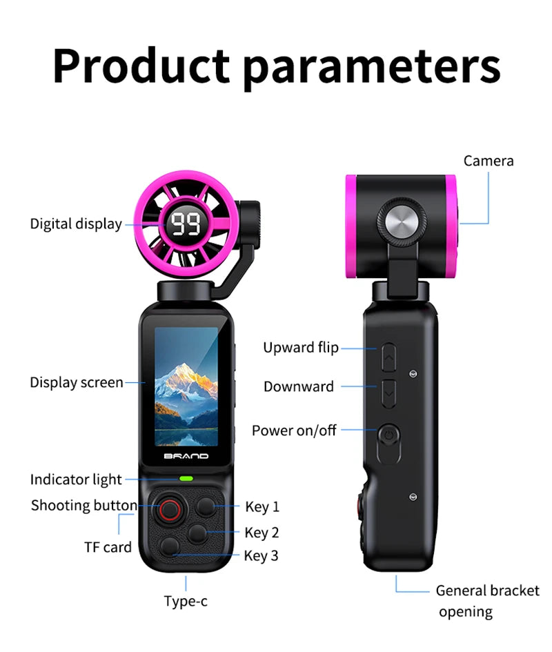 Lenovo Handheld Fan Gimbal Camera 2-in-1 With Power Display, Anti Shake Recording Lens Rotatable Handheld Gimbal Pocket Camera