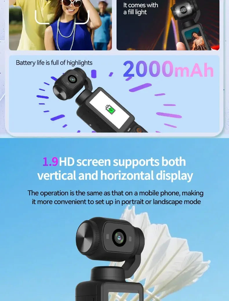 Action Camera 4k Handheld Pocket Digital Camcorder 3-axis Gimbal Stabilization IR Night Vision Vlog Videos Camera For Gift
