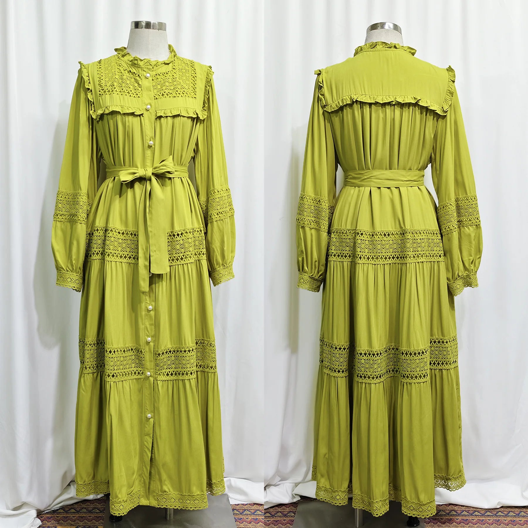 Elegant women’s lace Eid dress by Trenches of Mariana featuring long Moroccan-style abaya with lace-up front and intricate details.