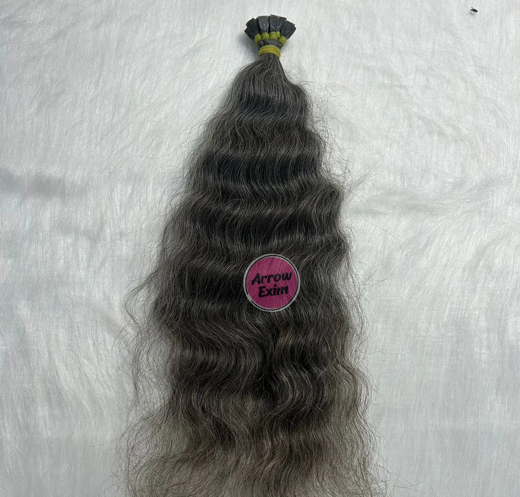 Natural Grey Indian Remy Flat Tip Dark Curly Single Weft Micro-Link Hair Extensions