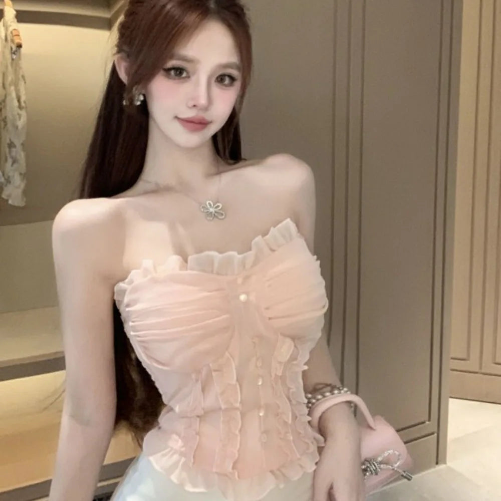French Lace Shirt Women's New Spring Acetate Satin Premium Design Sense Short Long Sleeve Slim Top Korean Pink Lady Sweet Blouse by Trenches of Mariana
