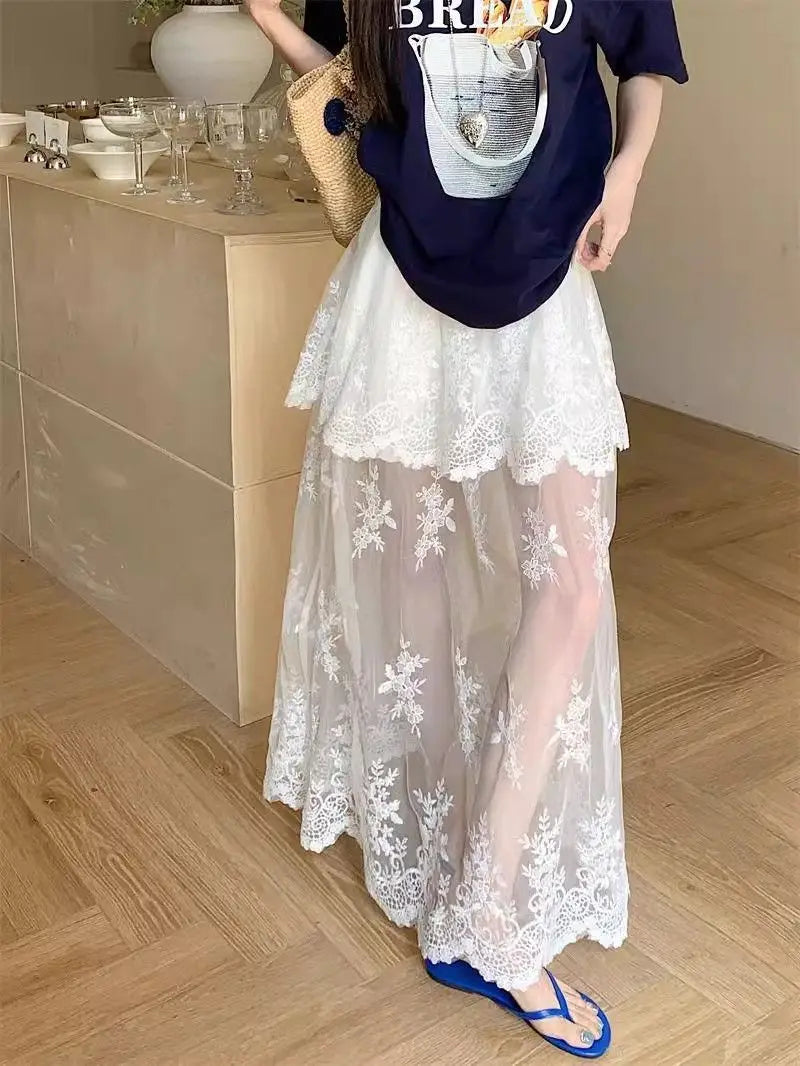French retro lace skirt for women by Trenches of Mariana, elegant A-line summer skirt with mesh splicing and intricate lace details.