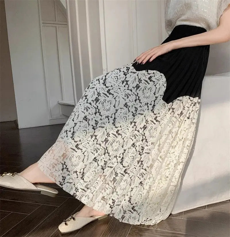 Women’s high waist French lace stitching pleated summer skirt by Trenches of Mariana, long cover-up skirt with elegant detailing.