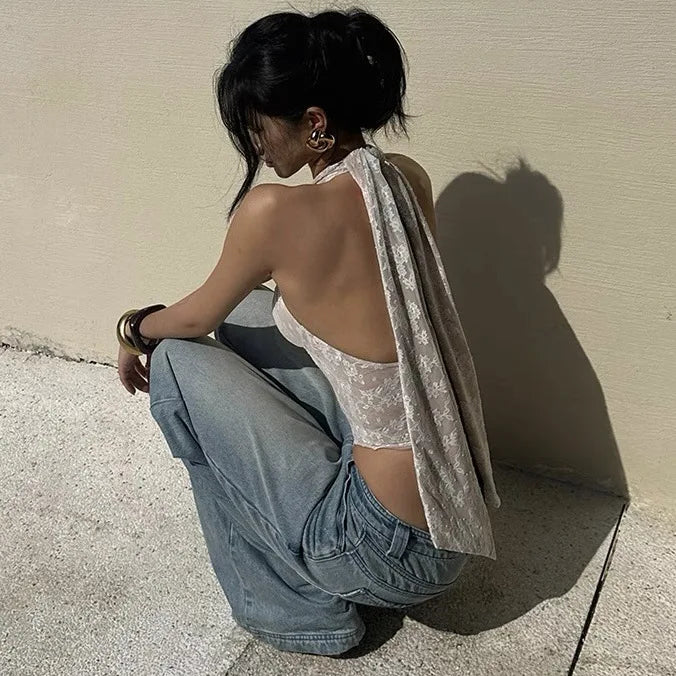 Lace Halter Backless Crop Top White Sleeveless Fishbone Camisole Summer Fashion Streetwear Casual Tank Tops For Women Slim Vests by Trenches of Mariana
