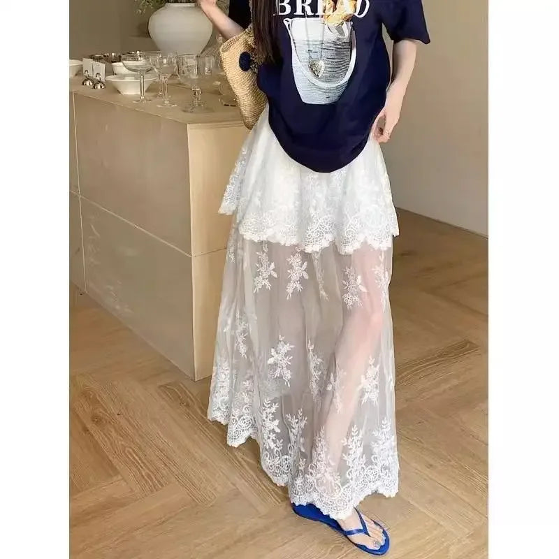Women's French retro lace skirt by Trenches of Mariana, elegant A-line summer skirt with mesh splicing, perfect for stylish summer wear.