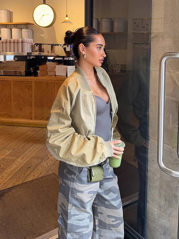 Cropped Bomber Short Jackets Women Solid Folded Hem Zipper Pockets Full Sleeves Coats Women Lady Casual Daily Street Outwear New by Trenches of Mariana