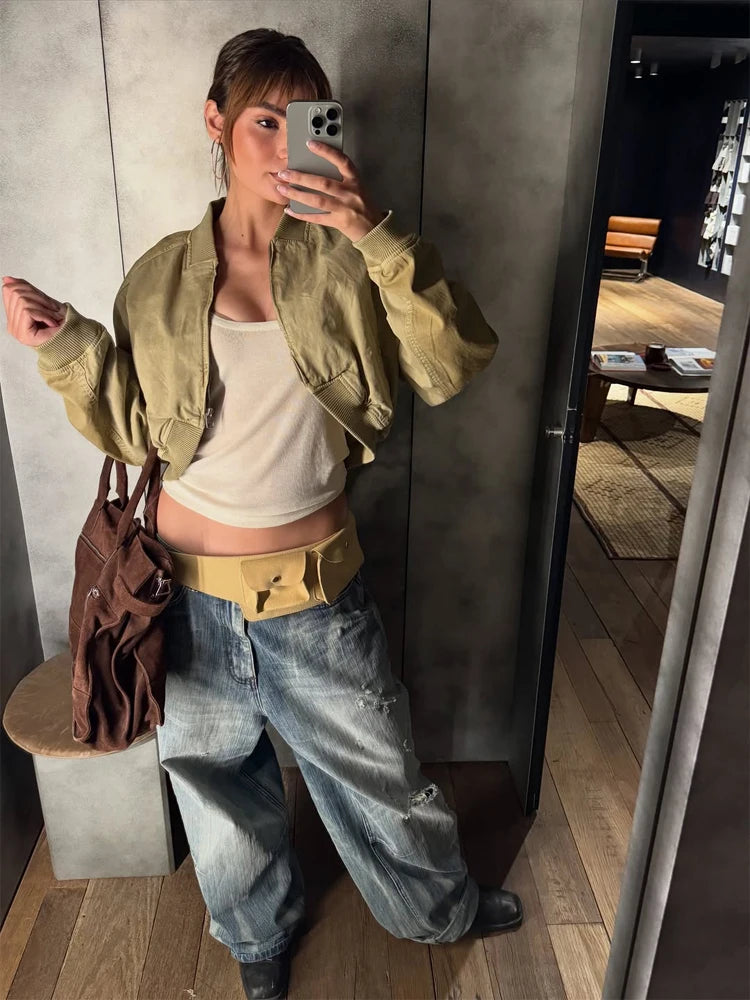 Cropped Bomber Short Jackets Women Solid Folded Hem Zipper Pockets Full Sleeves Coats Women Lady Casual Daily Street Outwear New by Trenches of Mariana