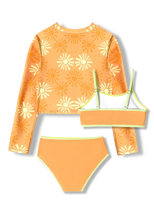 Bikini Kids Girls Swimsuit 2026 New Yellow Print Bikini Set Children Swimsuit Summer Long Sleeves Three Piece Beach Bathing Suit