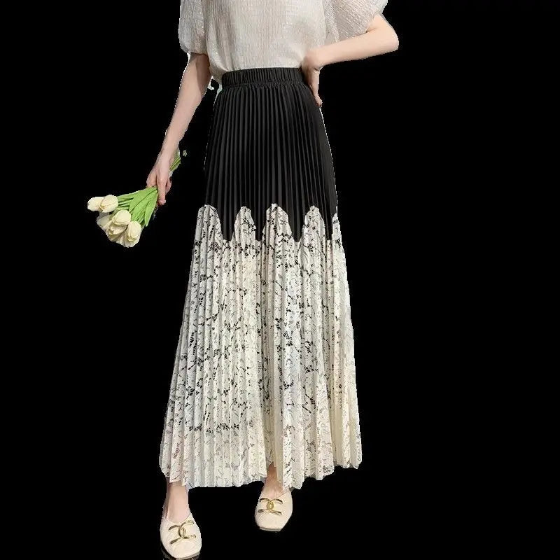 French lace stitching pleated skirt for women, high waist summer cover-up, long skirt from Trenches of Mariana.