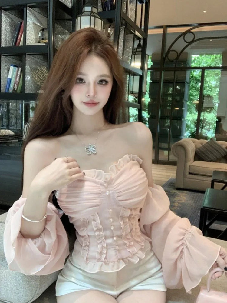 French Lace Shirt Women's New Spring Acetate Satin Premium Design Sense Short Long Sleeve Slim Top Korean Pink Lady Sweet Blouse by Trenches of Mariana