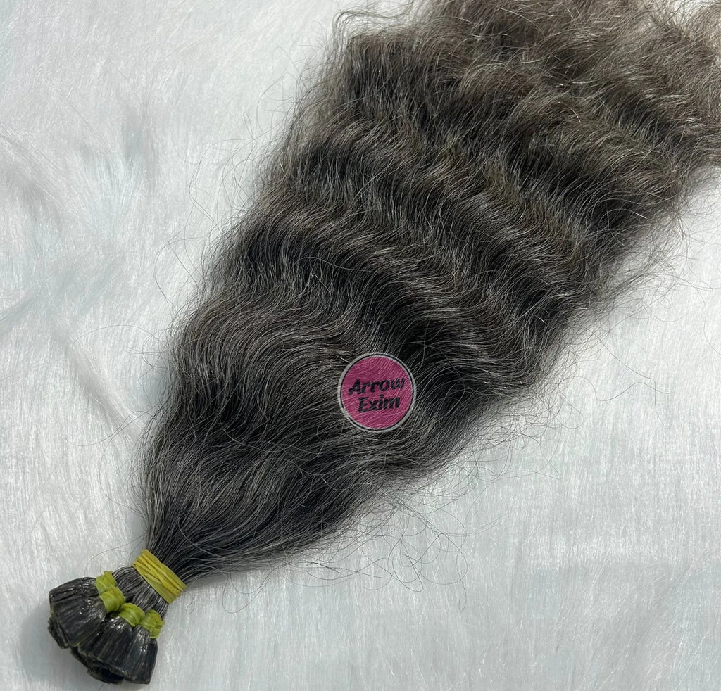 Natural Grey Indian Remy Flat Tip Dark Curly Single Weft Micro-Link Hair Extensions