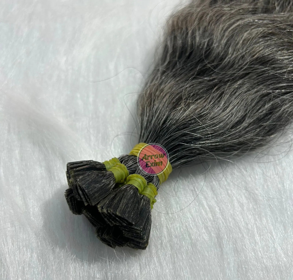Natural Grey Indian Remy Flat Tip Dark Curly Single Weft Micro-Link Hair Extensions