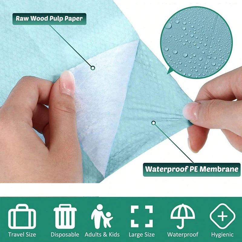 Disposable toilet seat covers by Trenches of Mariana, waterproof and portable paper mats for hotel, travel, or home bathroom use.