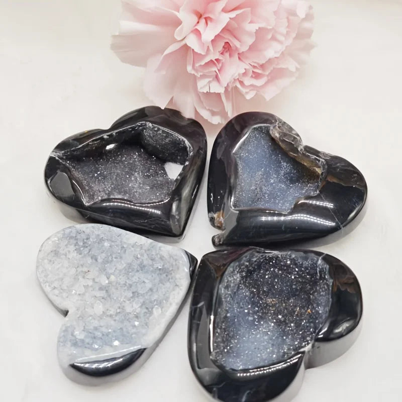 1pc Black Agate Heart-Shaped Geode Crystal - Hand-Carved Bohemian for Home Decor & Special Occasions by Trenches of Mariana