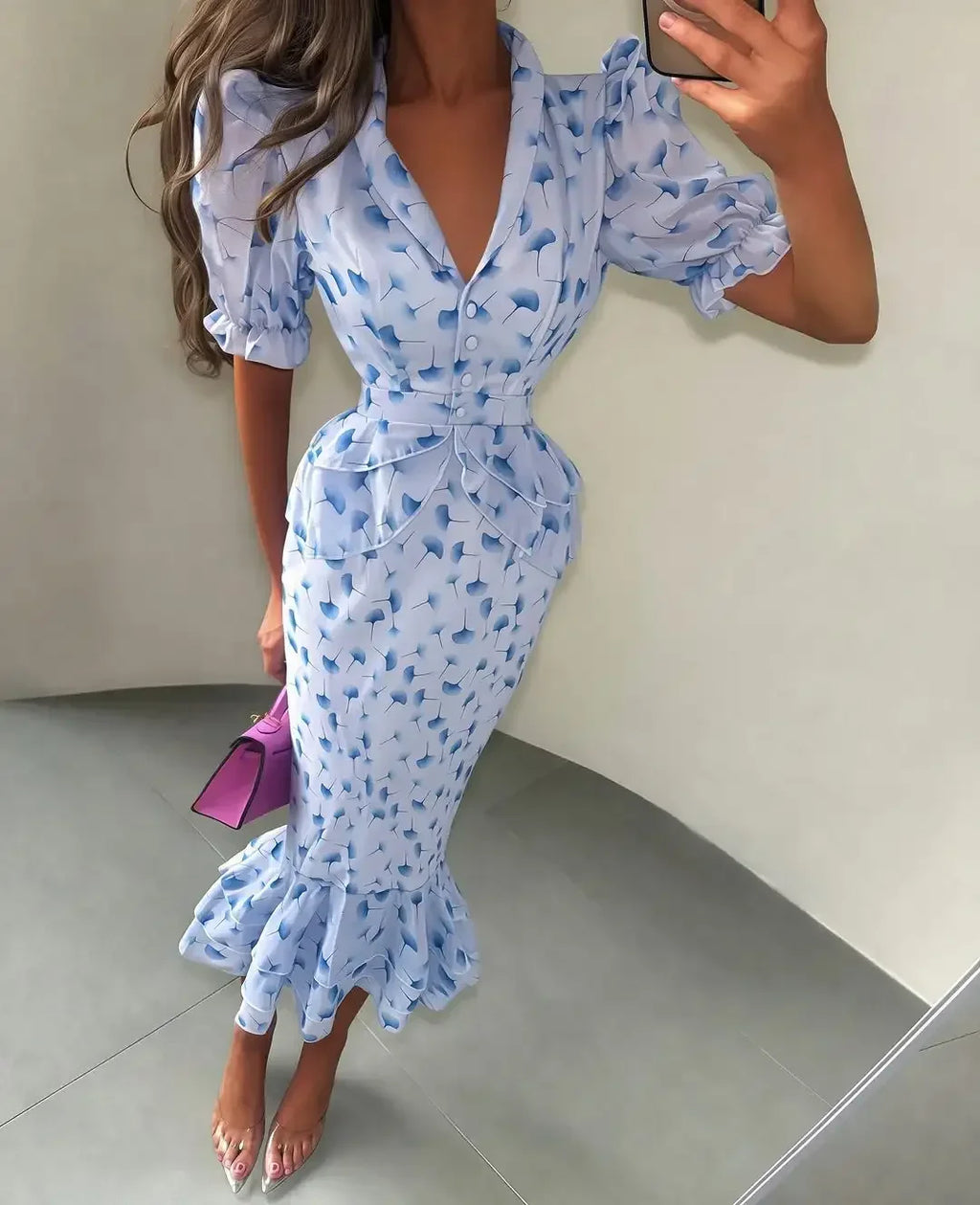 Women Elegant Printed V-neck Dress Chic Lapel Waist Cinched Pleated High Waisted Dresses 2026 Summer New Lady Vacation Gowns by Trenches of Mariana