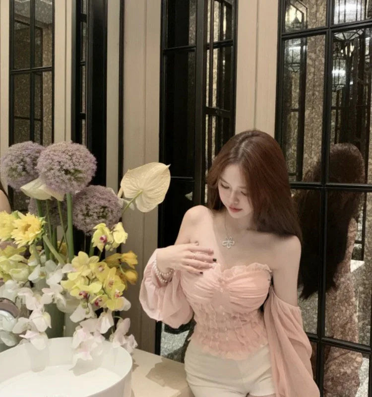 French Lace Shirt Women's New Spring Acetate Satin Premium Design Sense Short Long Sleeve Slim Top Korean Pink Lady Sweet Blouse by Trenches of Mariana