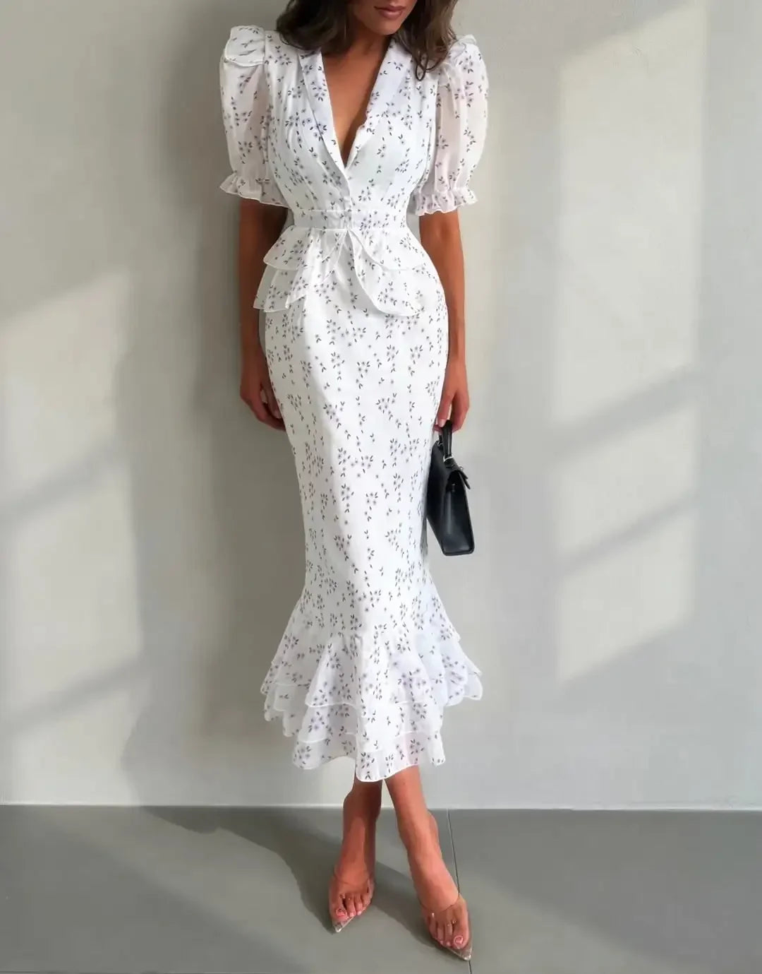 Women Elegant Printed V-neck Dress Chic Lapel Waist Cinched Pleated High Waisted Dresses 2026 Summer New Lady Vacation Gowns by Trenches of Mariana