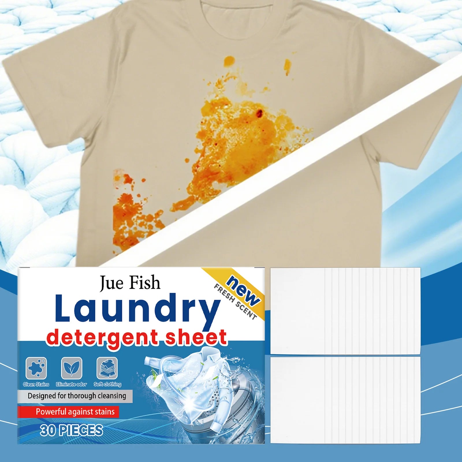 Jue Fish Laundry Detergent 30-piece pack by Trenches of Mariana, gentle on skin with powerful stain removal for everyday laundry.