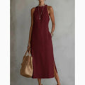 Elegant women's lace slit dress by Trenches of Mariana featuring a sleeveless cotton and linen A-line design with a round neck.