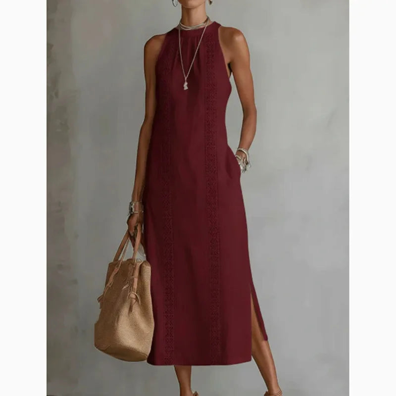 Elegant women's lace slit dress by Trenches of Mariana featuring a sleeveless cotton and linen A-line design with a round neck.
