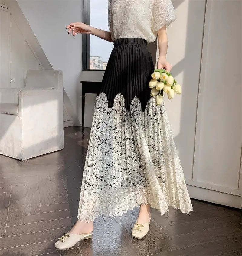 Trenches of Mariana high waist French lace stitching pleated summer skirt for women, long cover-up skirt with elegant design.
