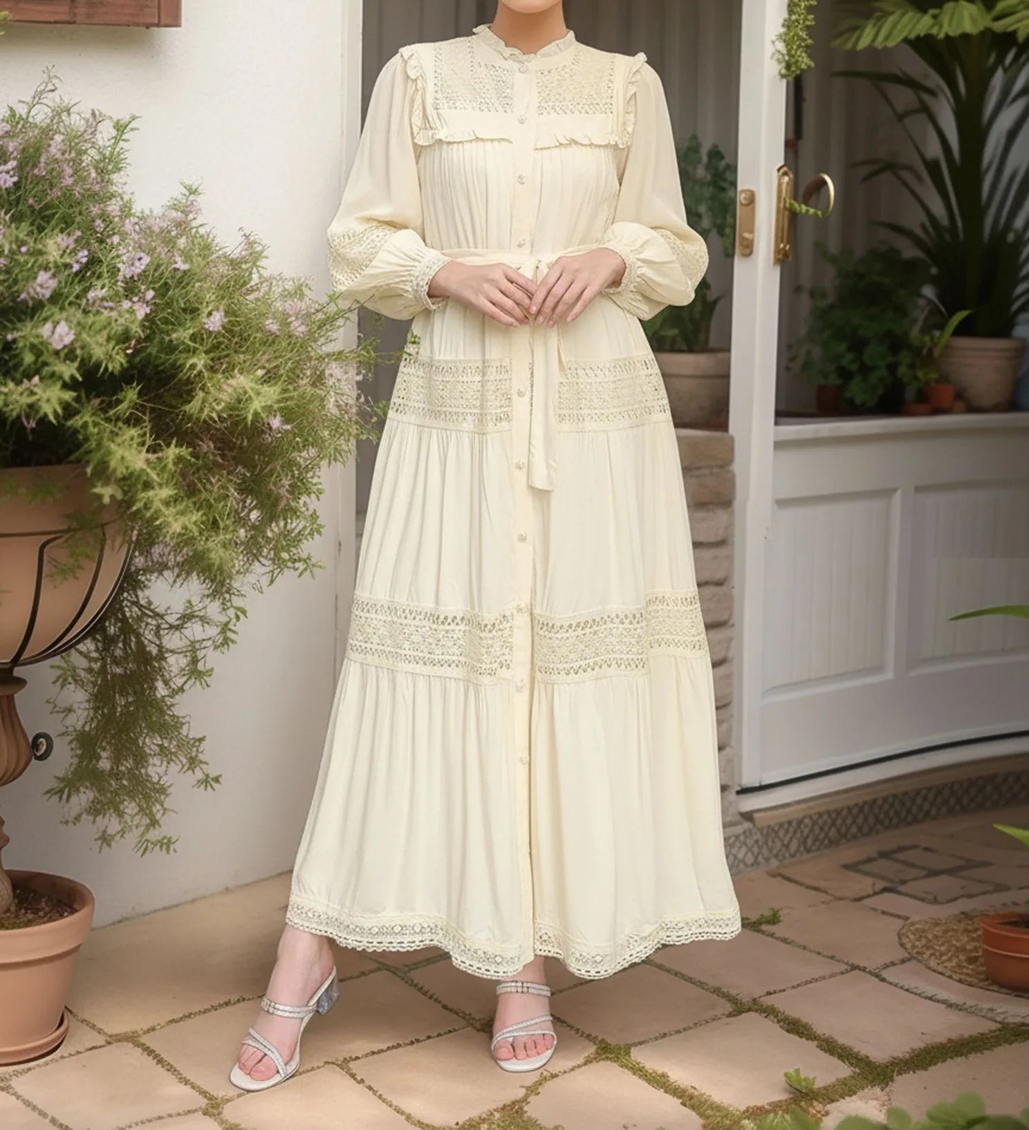 Elegant women's lace Eid dress by Trenches of Mariana, featuring long Moroccan-inspired design with lace details and a single-breasted style.