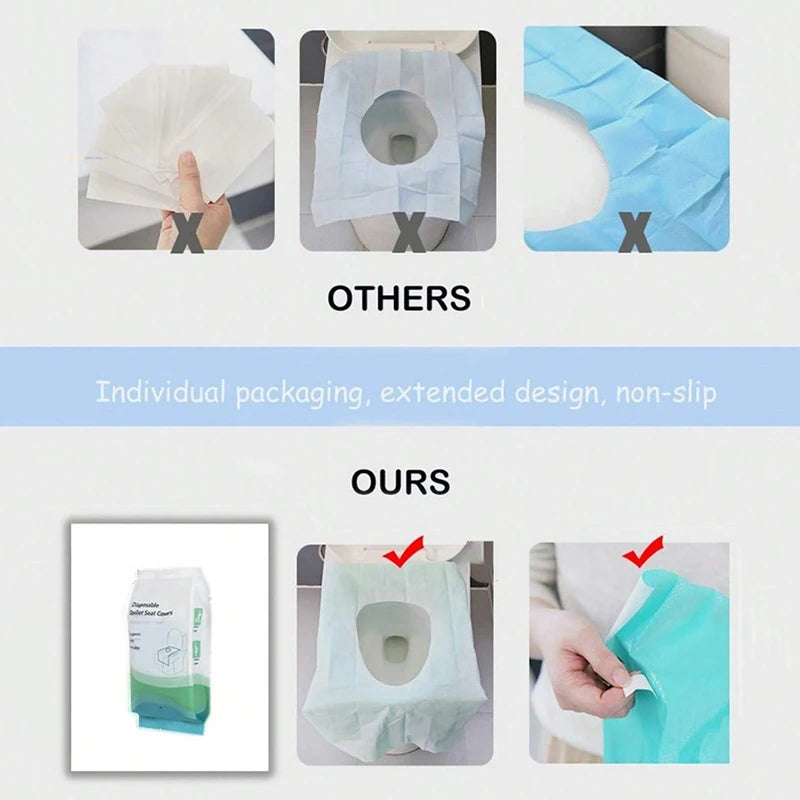 Disposable toilet seat covers by Trenches of Mariana, waterproof and portable paper mats for hotel, travel, or home bathroom use.