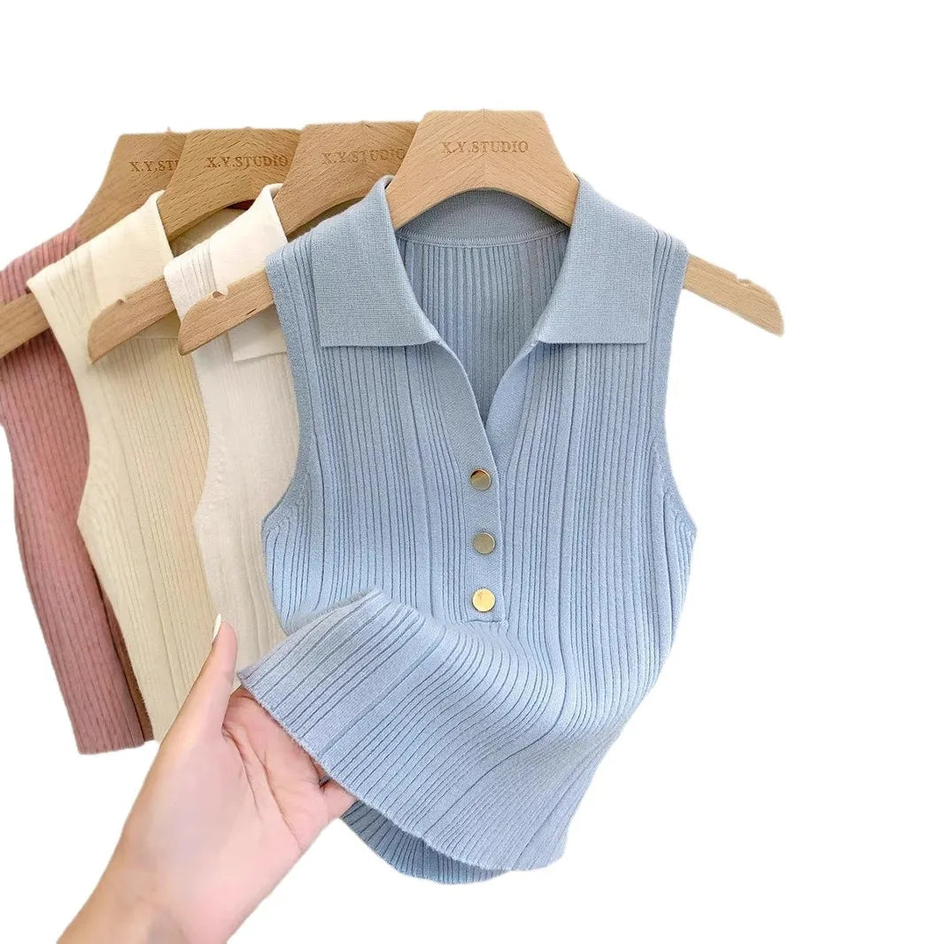 Summer Turn Down Collar Gold Button Slim Knitted Sweater Vests Elegant Knitwear Tank Tops BSTFSC-m1948 by Trenches of Mariana
