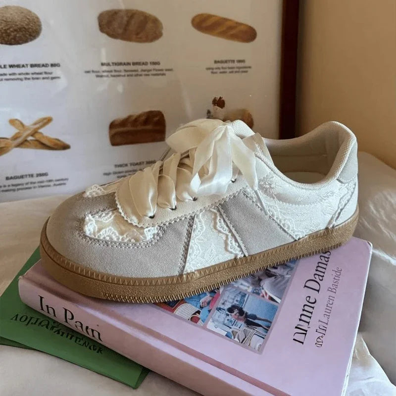 French Lace - Satin Ribbon Trainer Sneakers | Cream - Sweet Vintage Sporty Sneakers