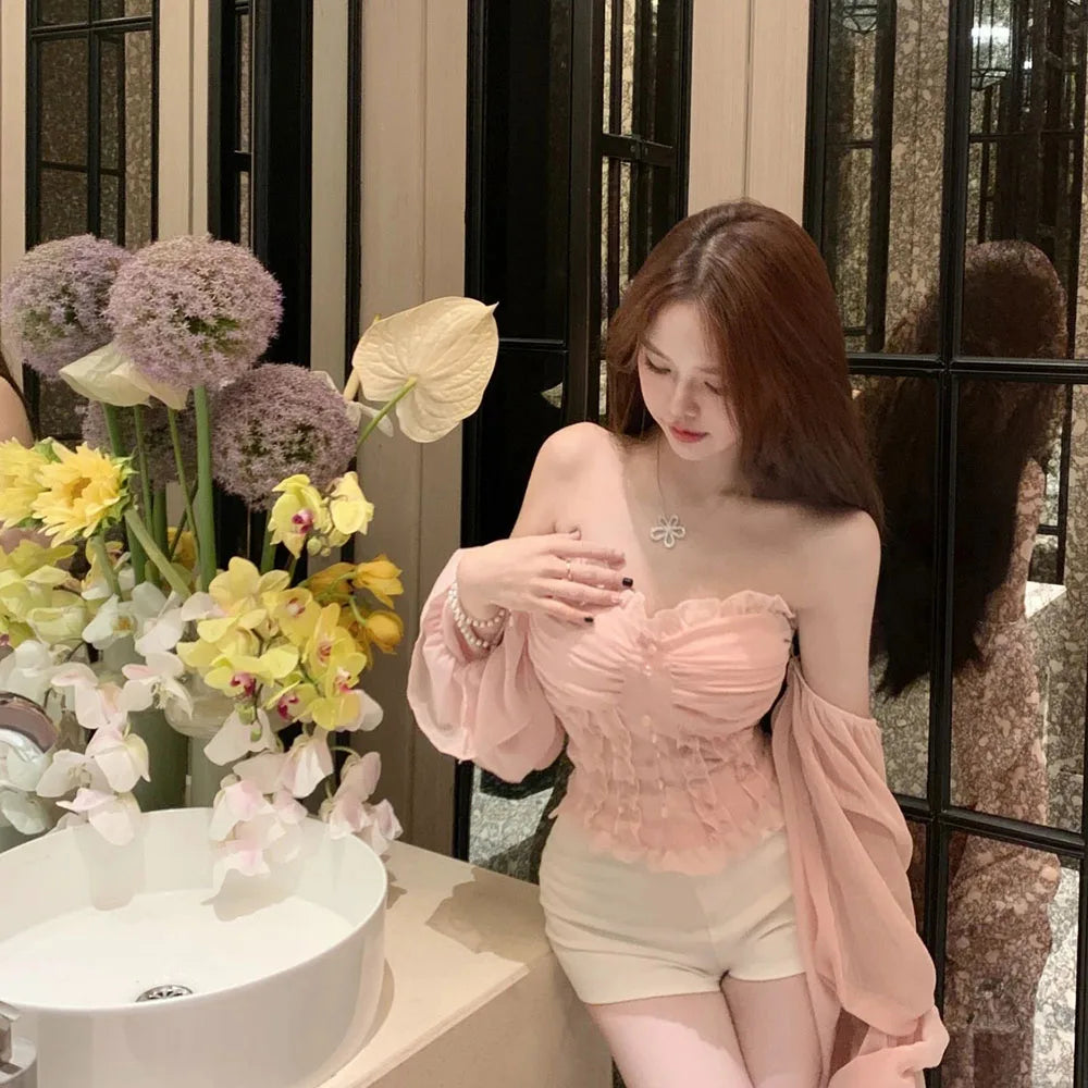 French Lace Shirt Women's New Spring Acetate Satin Premium Design Sense Short Long Sleeve Slim Top Korean Pink Lady Sweet Blouse by Trenches of Mariana
