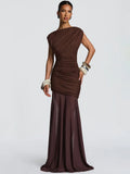 Mozision Sleeveless Ruched Sexy Maxi Dress Women Gown Elegant Patchwork Mesh O Neck High Waist Skinny Club Party Long Dresses