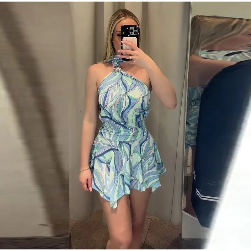 Swirl Print Women's Mini Dress Sexy Halter Neck Sleeveless Backless Ruffles Dresses Female 2026 Summer Fashion Beach Vestidos by Trenches of Mariana