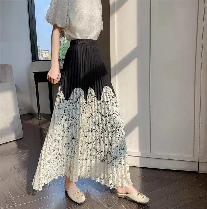 Trenches of Mariana women's summer high waist pleated skirt with French lace stitching, long cover-up skirt, perfect for warm weather.