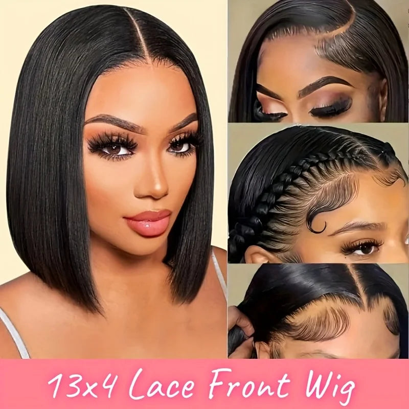 13*4 Front Lace Bob Hairstyle, Natural Black Color, 180% Density Natural Hairline, Pre-Sewn and Pre-Stretched. Transparent Lace