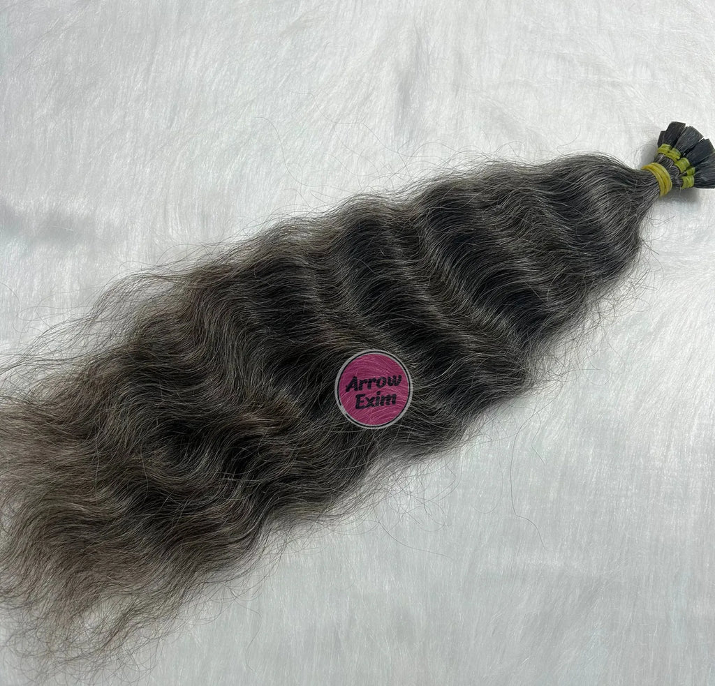 Natural Grey Indian Remy Flat Tip Dark Curly Single Weft Micro-Link Hair Extensions