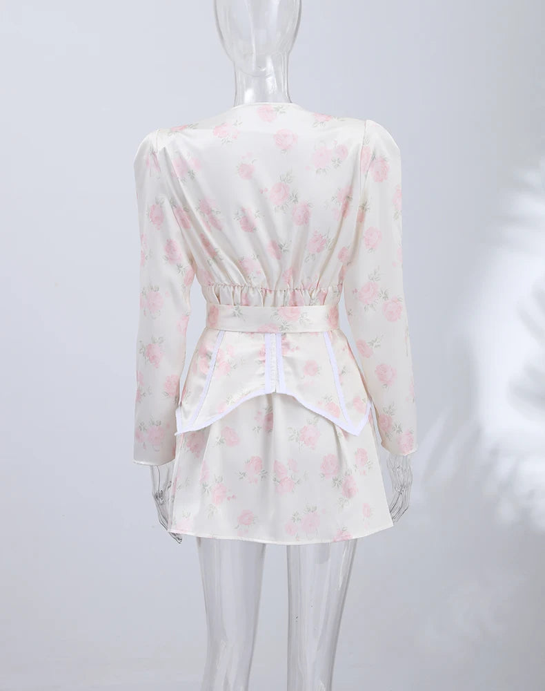 Print Women Dress Deep V Mini Dress Puff Sleeve High Waist Dress Two Piece Outfit With Waistband Elegant Slim Fit Outfit by Trenches of Mariana