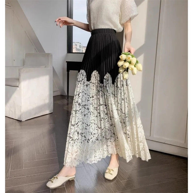 French lace stitching pleated skirt for women, high waist summer cover-up, long skirt by Trenches of Mariana.