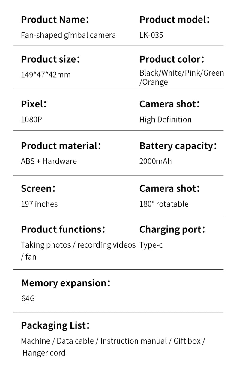 Lenovo Handheld Fan Gimbal Camera 2-in-1 With Power Display, Anti Shake Recording Lens Rotatable Handheld Gimbal Pocket Camera